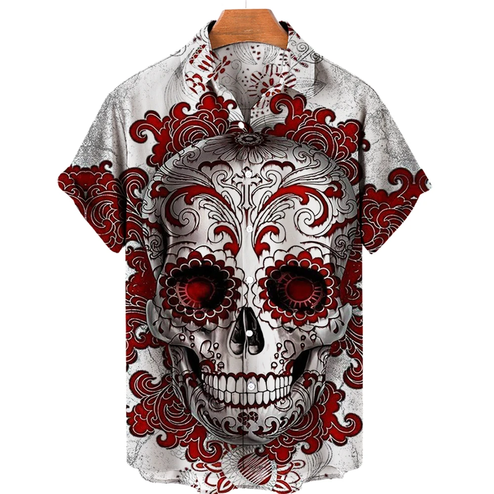 Luxury Summer Shirts for Men Hawaiian Tops Skull Shirts Fashion Print Hip Hop Beach Style Lapel Single Breasted Blouses Clothing