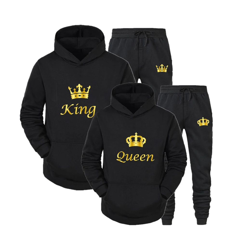 

New King Queen Print Casual Hoodies Set Sweatshirt Fashion Couples Hooded Pullover Suits Spring and Autumn Man Women Sportswear