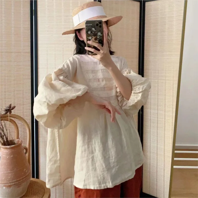 Женская кружевная блузка в стиле ретро Johnature однотонная Свободная рубашка с