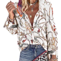 new design women stand collar blouse v neck long sleeve chains print loose casual shirts womens tops and blouses blusas mujer