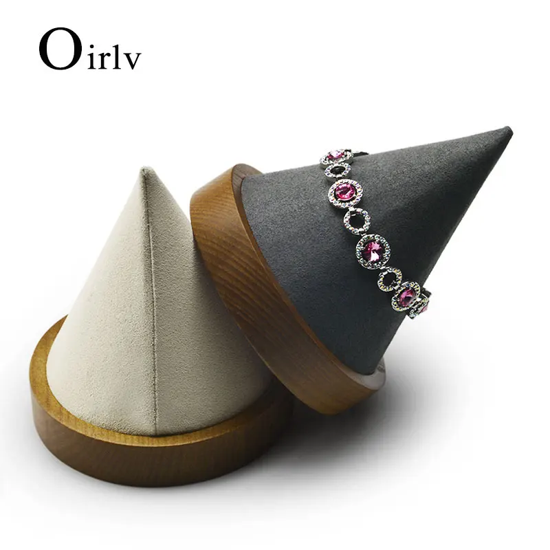 Oirlv Solid Wood Jewelry Holder Beige Gray Conical Wooden Bracelet Display Stand For Chain Bracelet Holder Jewelry Display Rack