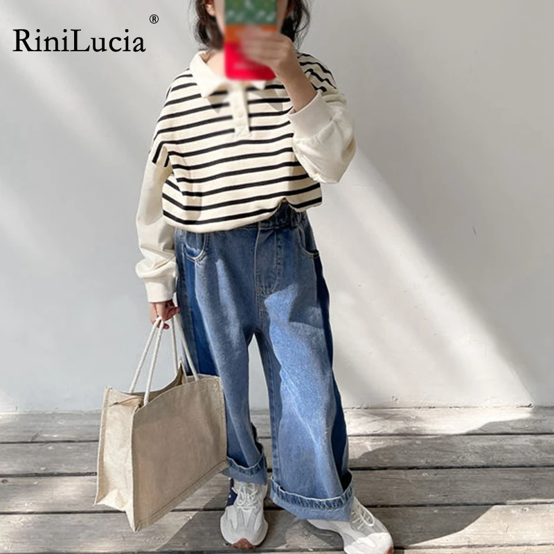 

RiniLucia Kids Hoodie Stripped Design Children's Long Sleeve Lapel Clothes Autumn Kids Sweatshirt Printed Girls Pullover Tops