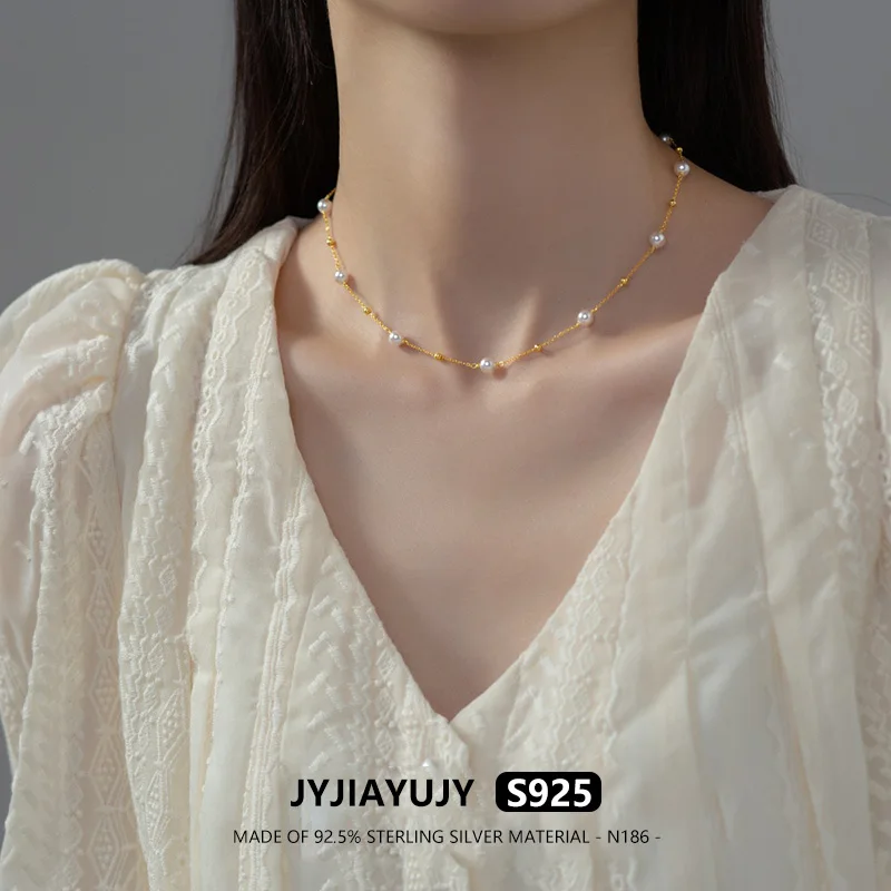 

JYJIAYUJY 100% Whole Original Sterling Silver S925 Necklace 5MM Pearl 3MM Ball In Stock Fashion Jewelry Gift Daily N186