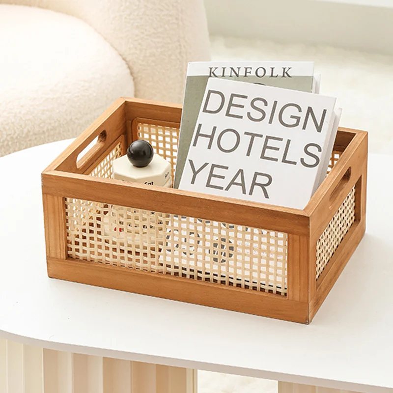 

Rattan Wooden Basket Bamboo Storage Desktop Basket Drawer Woven Storage Vintage Picnic Style Solid Wood Simple Toys Box Books