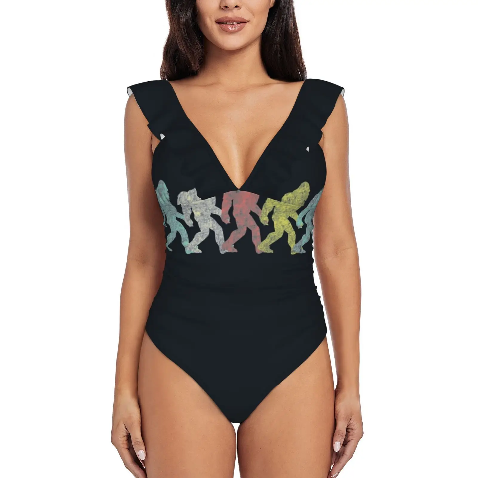 

Винтажная Футболка Bigfoot, футболка Sasquatch, Подарочный Цельный купальник, женские купальные костюмы с оборками, новые пляжные купальники для де...