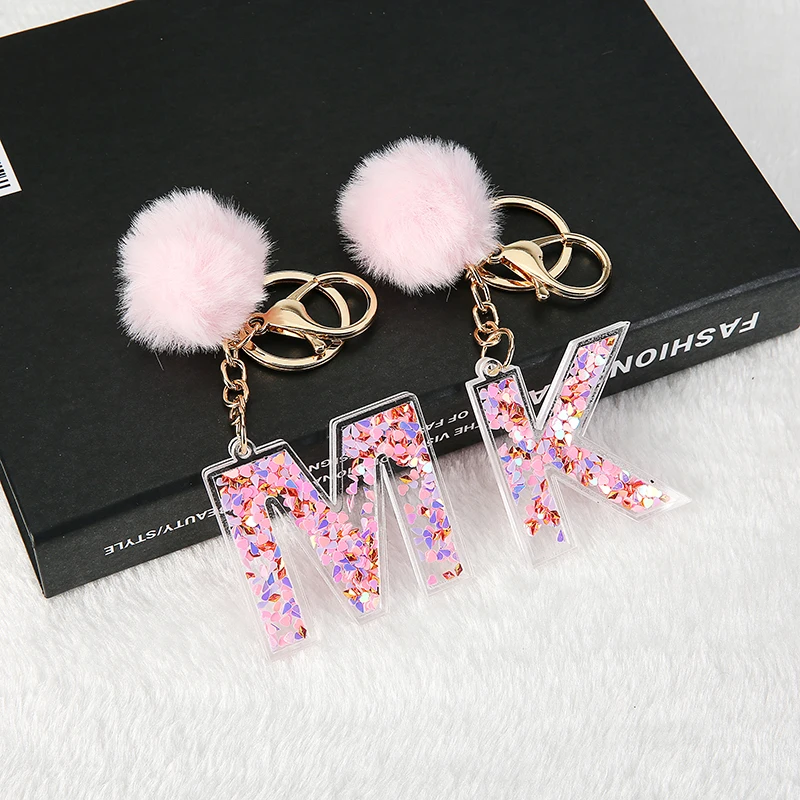 

1PC Women Letter Keychains 26 Glitter Hollowed-Out English Alphabet Keyring Handbag Crafts with Puffer Ball