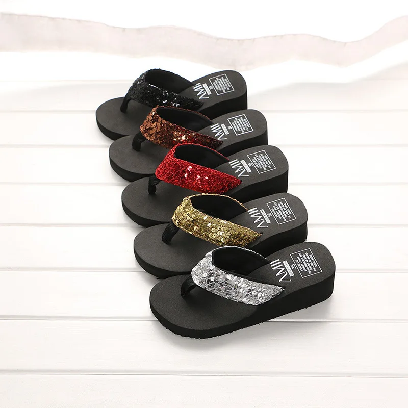 

Fashionable Ladies Sequined Sandals Summer Leisure Water Entertainment Beach Slippers Ladies Wedge Heel Increased Shoes