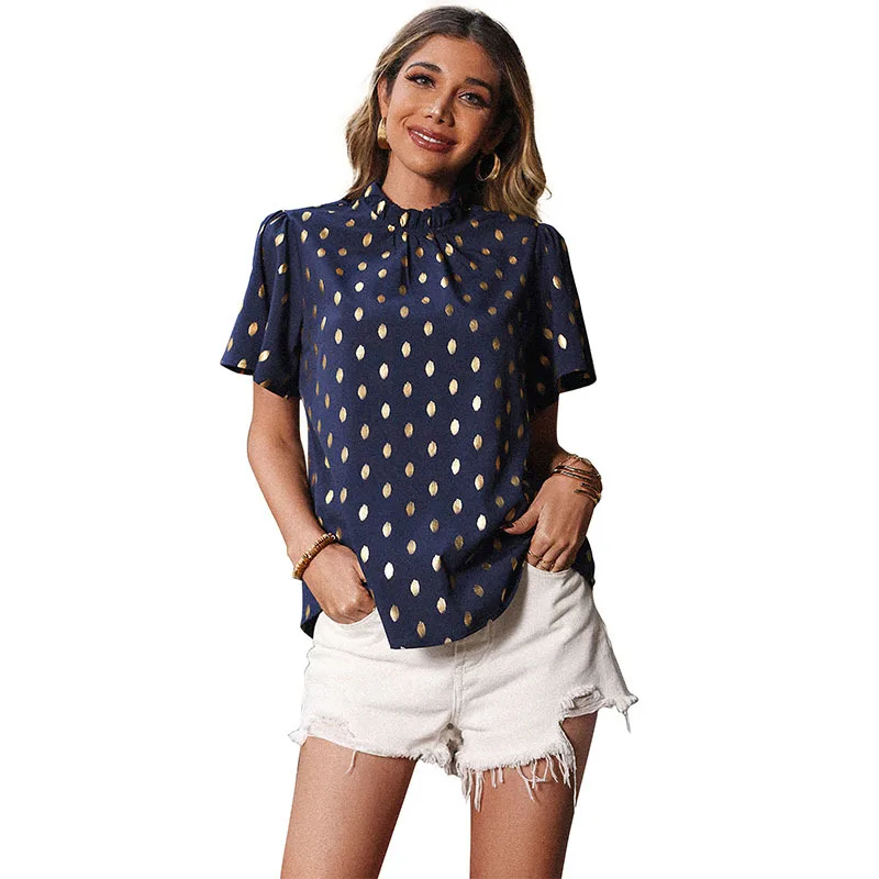 

2022 New Summer Fashion Tops Short Sleeve Printed Women Shirts Bronzed Blue Loose Shirt Pile Collar Pullover Female Blouse