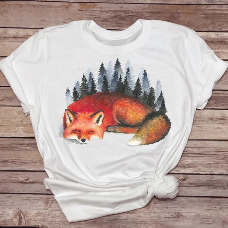 

Women T-shirts Short Sleeve Cute Fox Animal Printing 90s Womens Stylish T Top Ladies Print Lady Shirt 2021 Tee T-Shirt