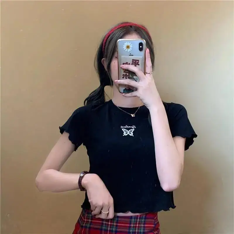 

Новинка 2022, женская летняя укороченная футболка в Корейском стиле с высокой талией, облегающий универсальный топ с коротким рукавом и вышив...