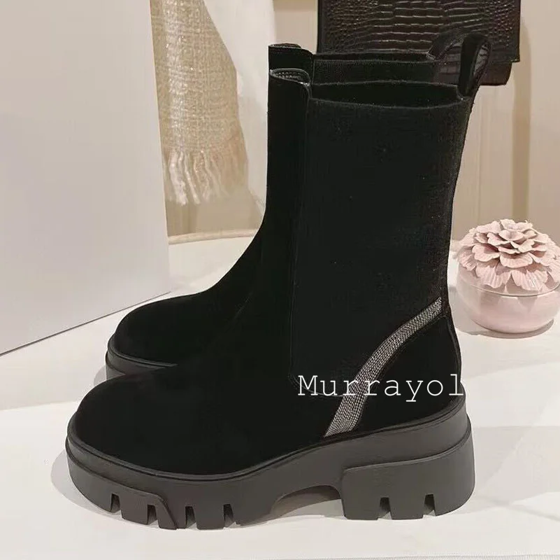 Короткие сапоги с декором из бисера и толстой подошвой женские ботинки коровьей