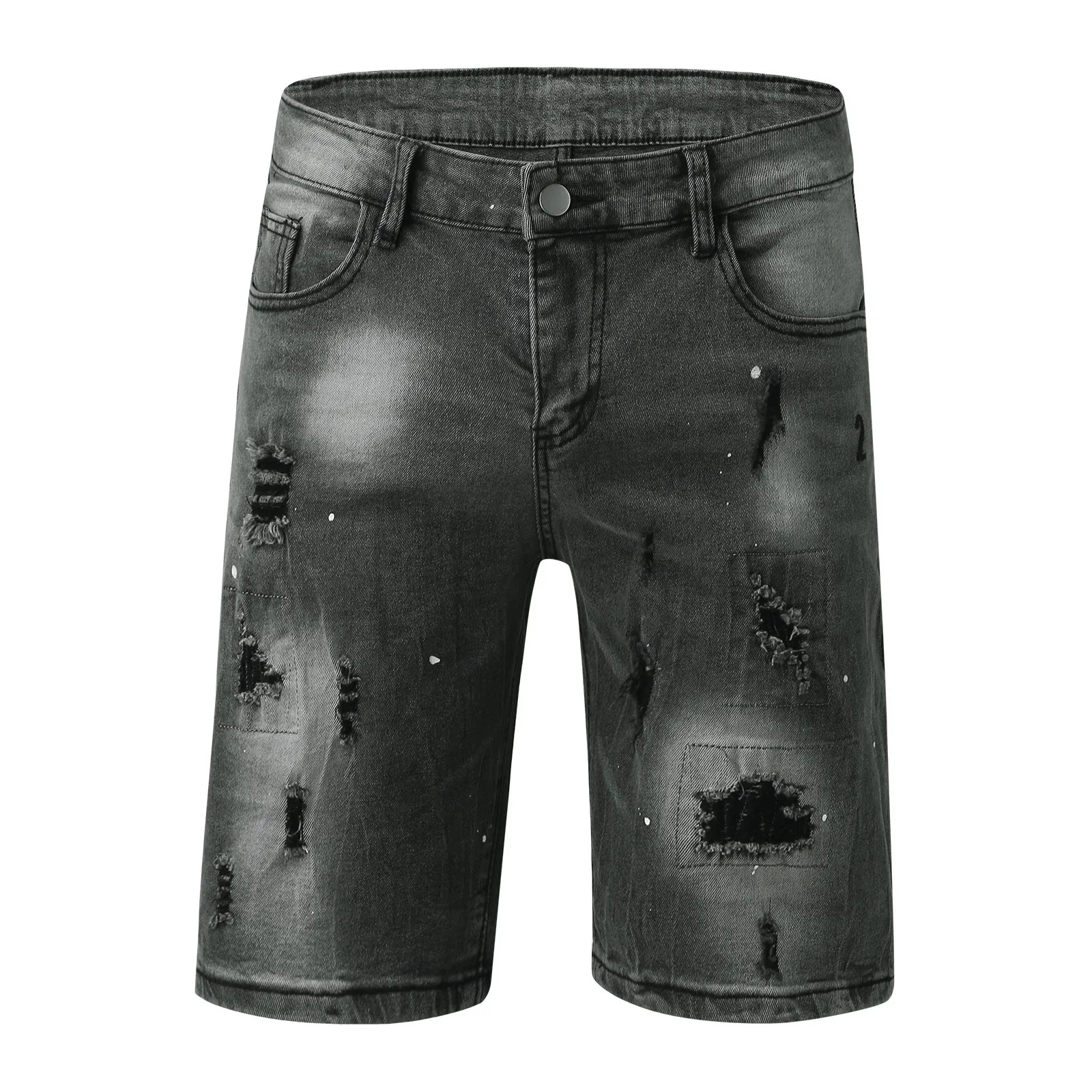 Men's Summer Middle Waist Pant Shorts Micro Elastic Hole Worn Hole Shorts Zipper Open Five Point Denim Shorts