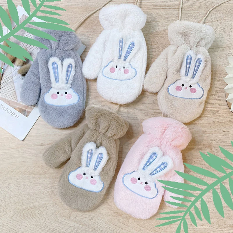 

Hanging Neck Furry Faux Fur Gloves Cute Warm Gloves Coral Fleece Rabbit Ear Velvet Thicken Mittens Soft Plush Full Finger Glove
