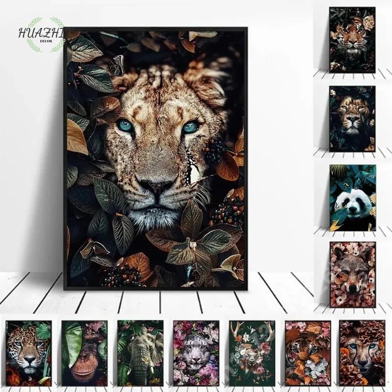 

Nordic Flower Animal Canvas Painting Mural Tiger Lion Zebra Poster Print Living Room Modern Classical Wall Hanging Decorative