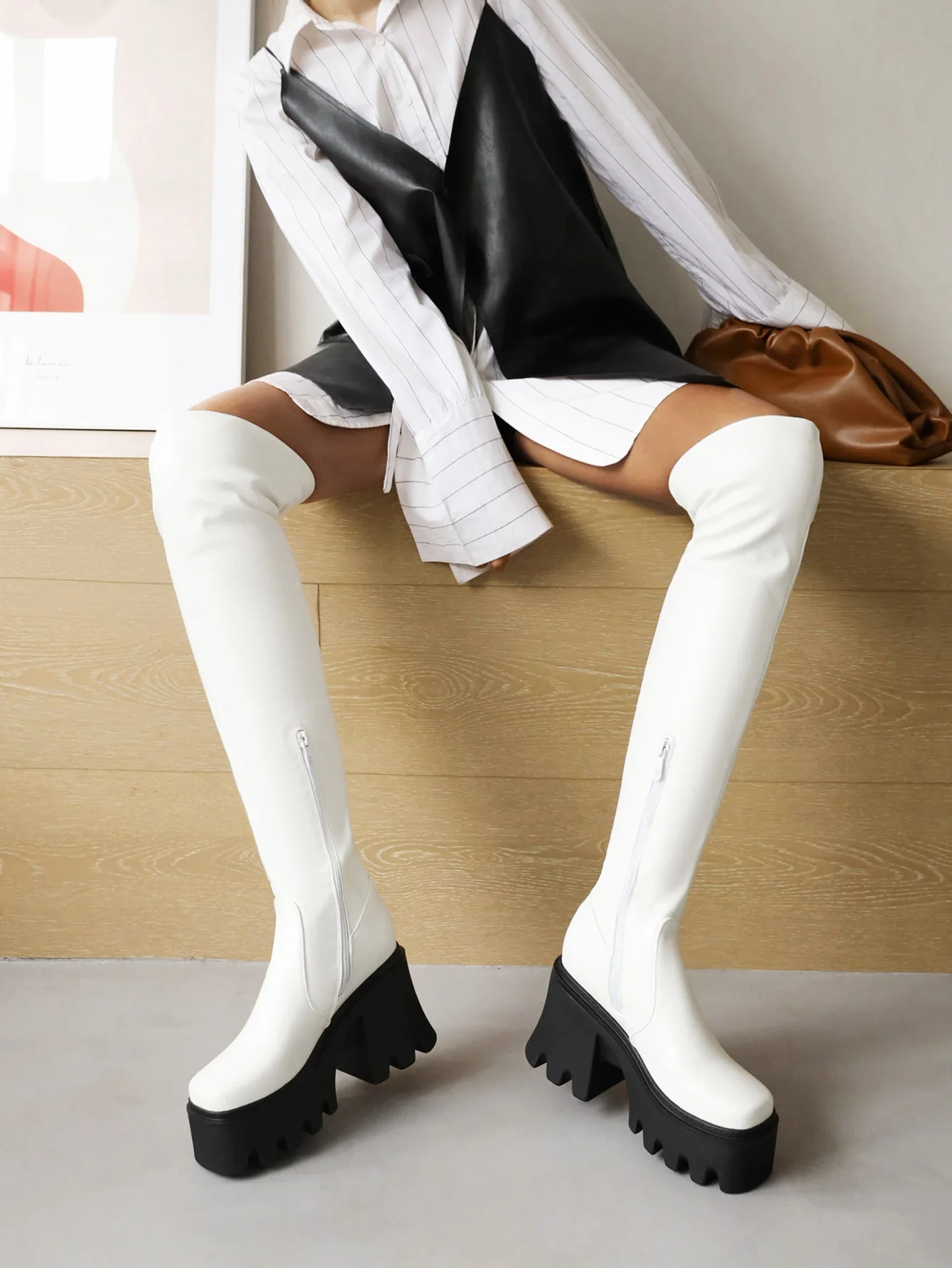 Square Toe Super High Thick Heel Simple Style Winter Stretch Knee Boots High Waterproof Platform Side Zipper Women's Long Boots