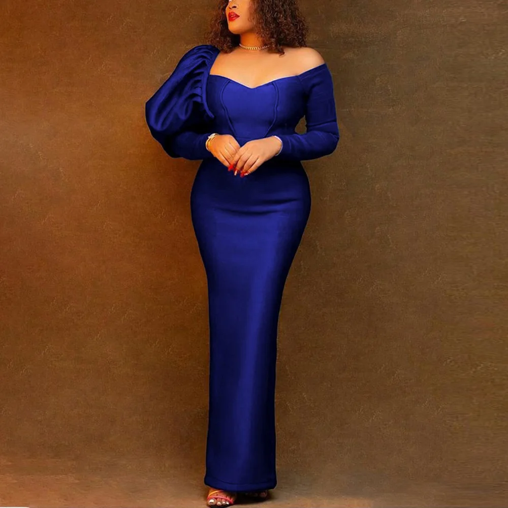 High Quality Long Dresses for Women Blue Round Neck Full Sleeve High Waisted Bodycon Floor Length Elegant Birthday Party Dress