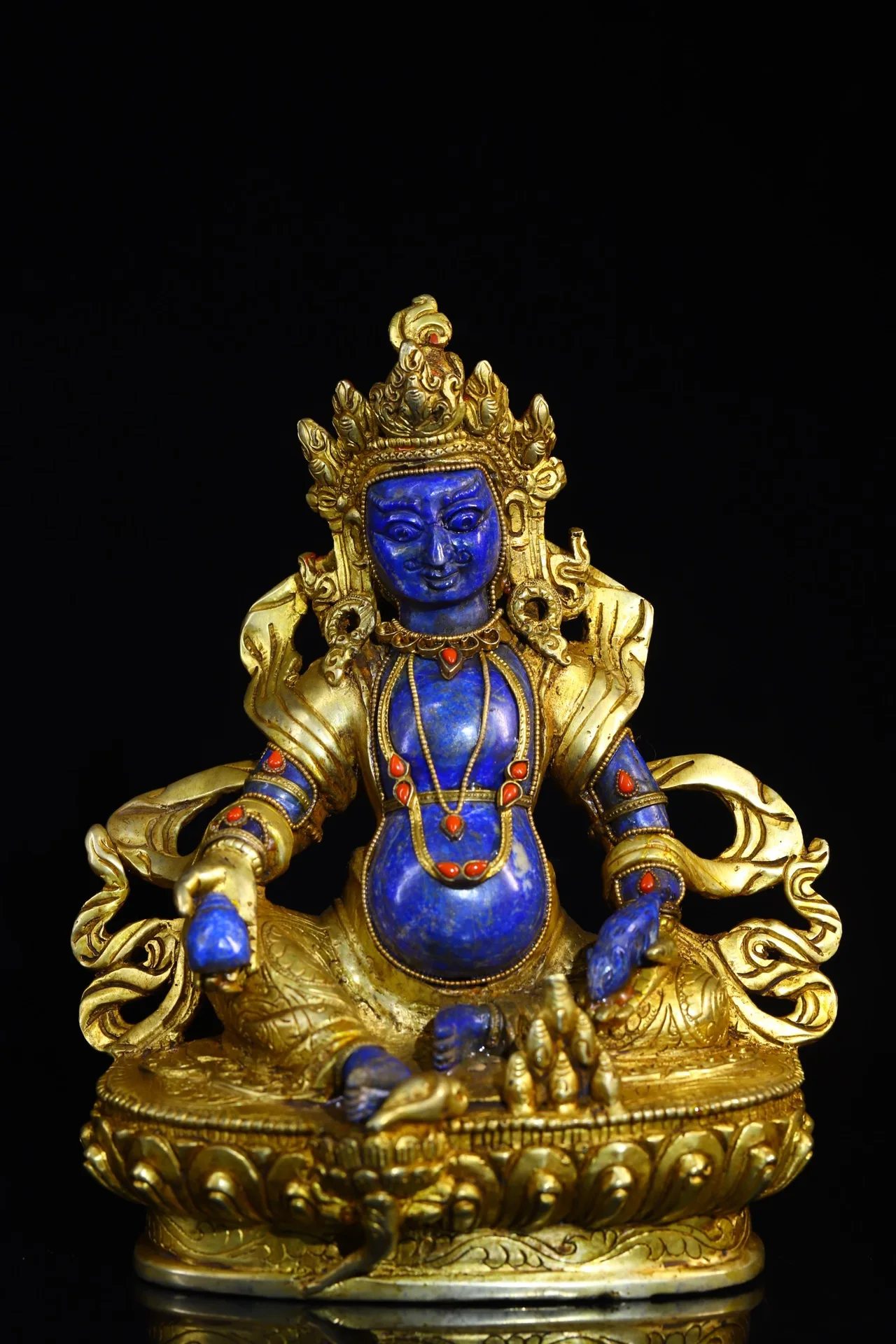 9Tibet Temple Collection Old Natural lapis lazuli Tibetan silver gilding Gem Yellow Jambhala Huang caishen Buddha Worship Hall