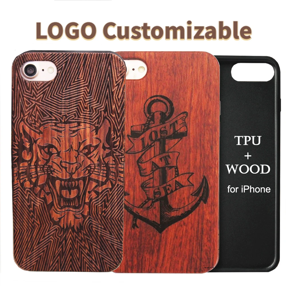 Free Custom Wood Phone Case for iPhone 6 7 8 Plus 11 12 13 Pro Max Mini TPU Soft Edge + Solid Wood Laser Engraving Phone Cover
