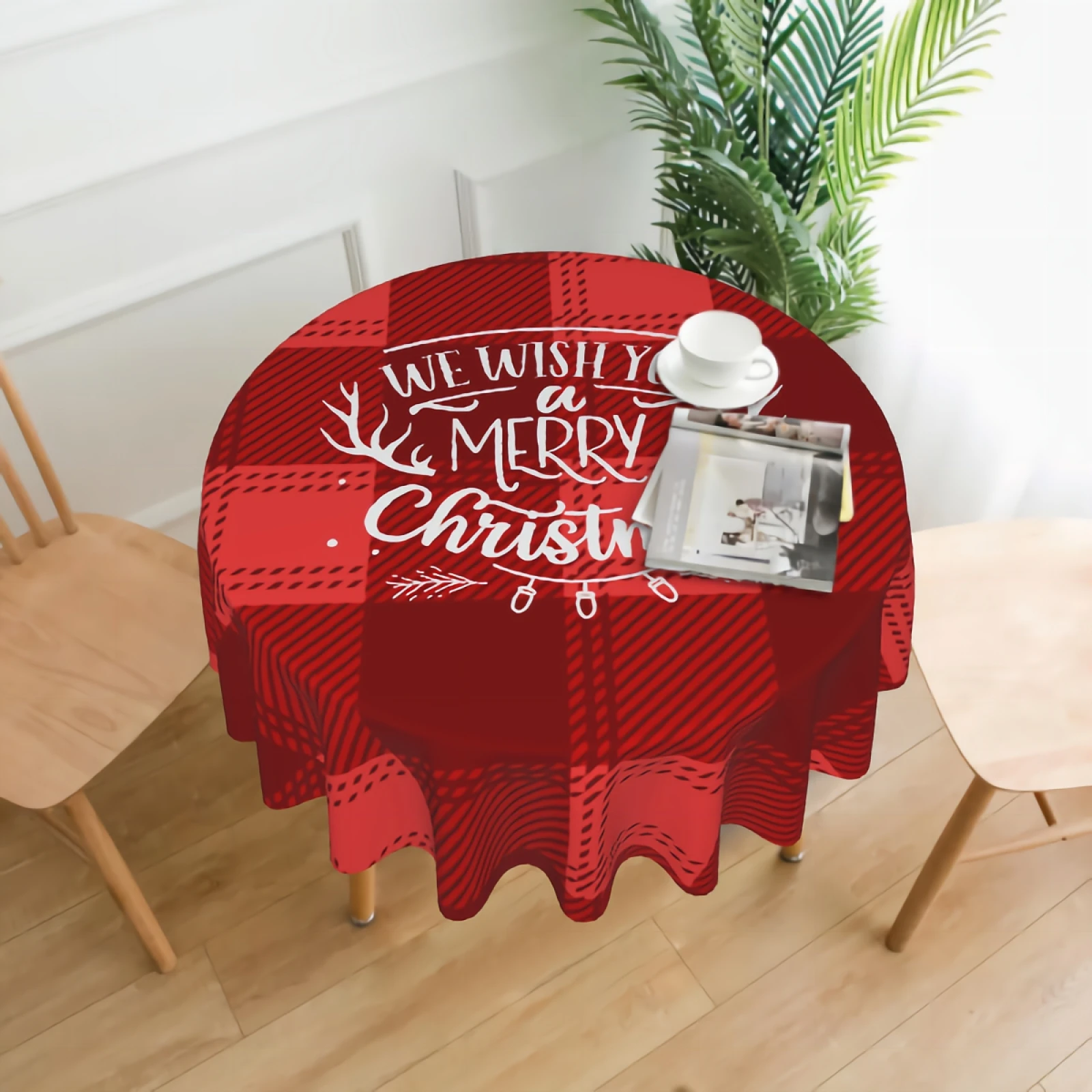 

Tartan Check-Plaid Red Merry Christmas White Round Table Cloth Waterproof Resistant Wrinkle And Washable Table Cover 150 CM