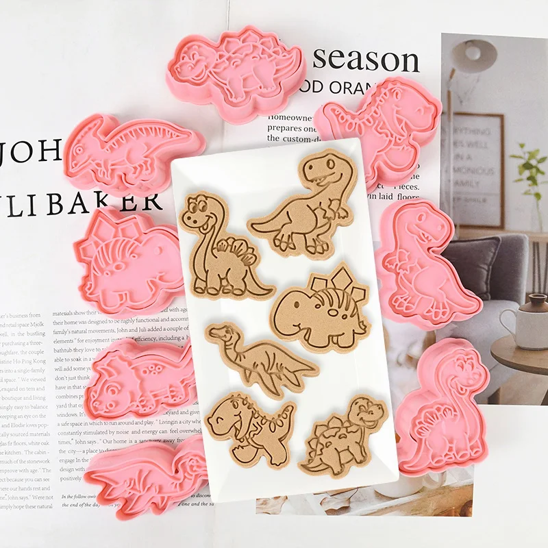 

8pcs Dinosaur Cookie Cutters Mold Plastic 3D Cartoon Dino Shape Pressable Biscuit Mold Stamp Kitchen Baking Pastry Bakeware Tool