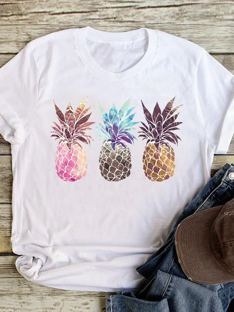 

Short Sleeve Summer Beach Holiday Graphic T Shirt Casual Clothing Fashion Clothes Pineapple Women Print Tee T-shirt Female Top