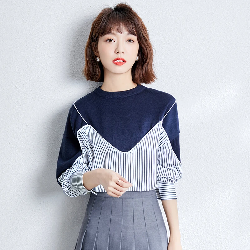 

Блузка женская с круглым вырезом, модный топ в полоску, Повседневная рубашка из хлопка, одежда в Корейском стиле с длинным рукавом, лето
