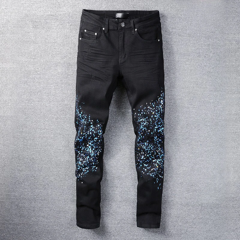 

Celana Panjang Pria Jeans Grafis Celana Motor Elastis Gambar Cetak Huruf Hitam Warna-warni Pria Fashion Pria Hip Hop Jeans Pria