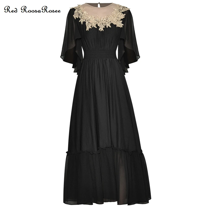 

Красное винтажное платье RoosaRosee с вышивкой, круглым вырезом и коротким рукавом, вечернее платье 2022, летние женские платья, женское платье