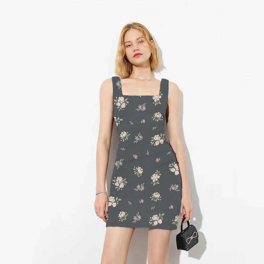 

Square neck French retro floral dress women show thin temperament high-end sense waist open back forest backpack hip skirt 2022