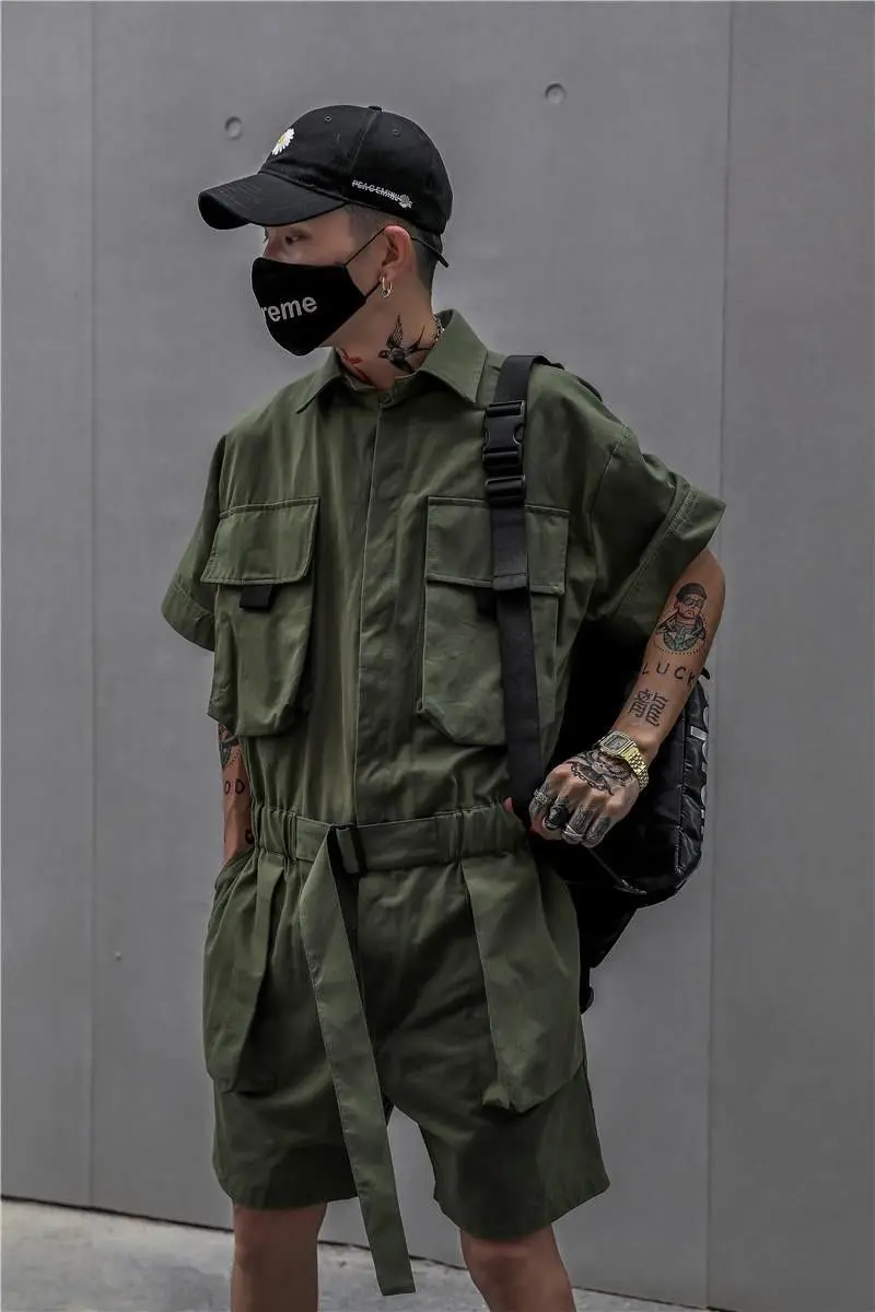 Short Jumpsuit for Men Black Bodysuits Overalls Men Green Male Japanese Streetwear Summer Pockets Hip Hop Men Clothes Ropa