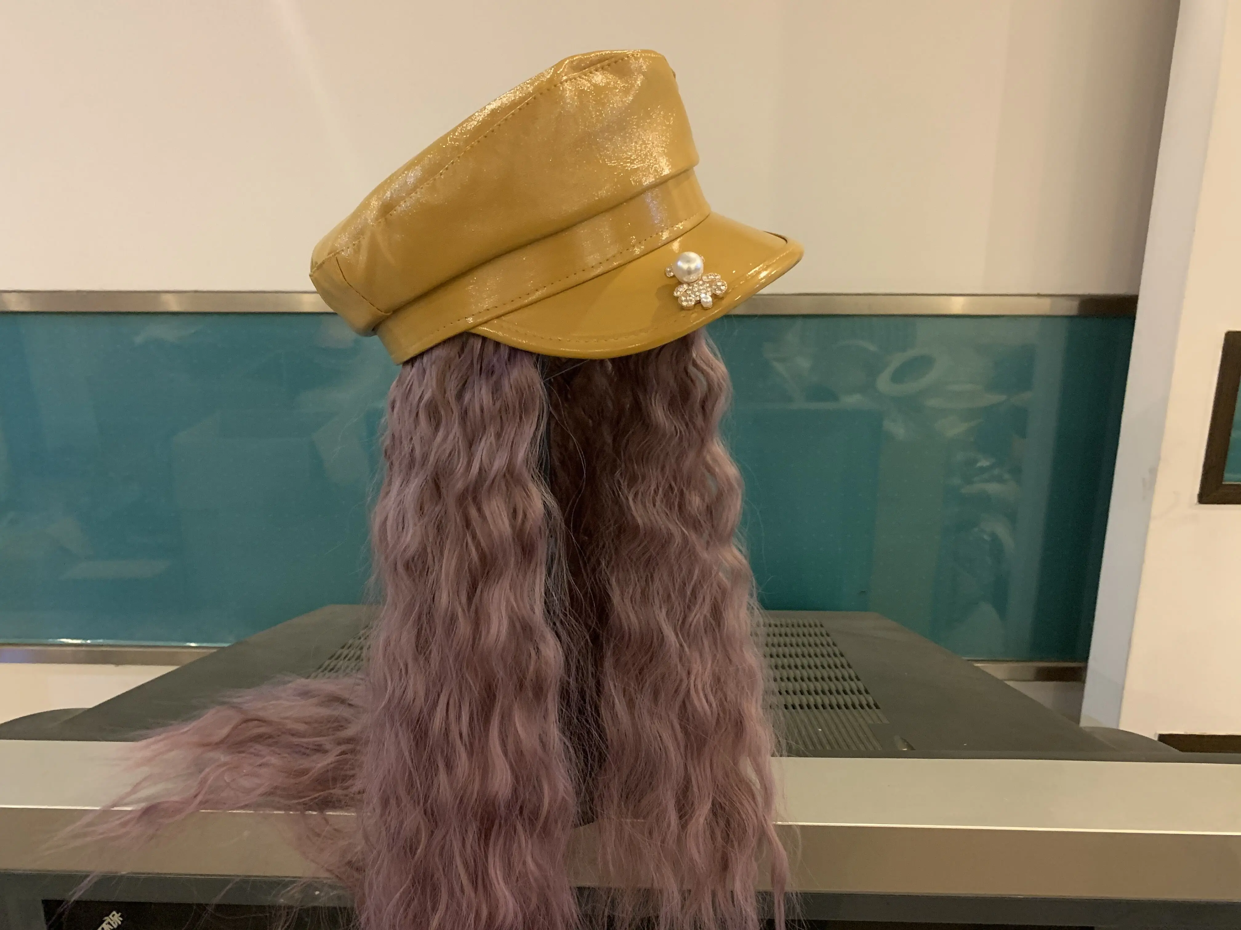 

202205-shi dropshipping rhinestones yellow pu hat patchwork long purple hair lady service Octagonal hat women leisure visors cap