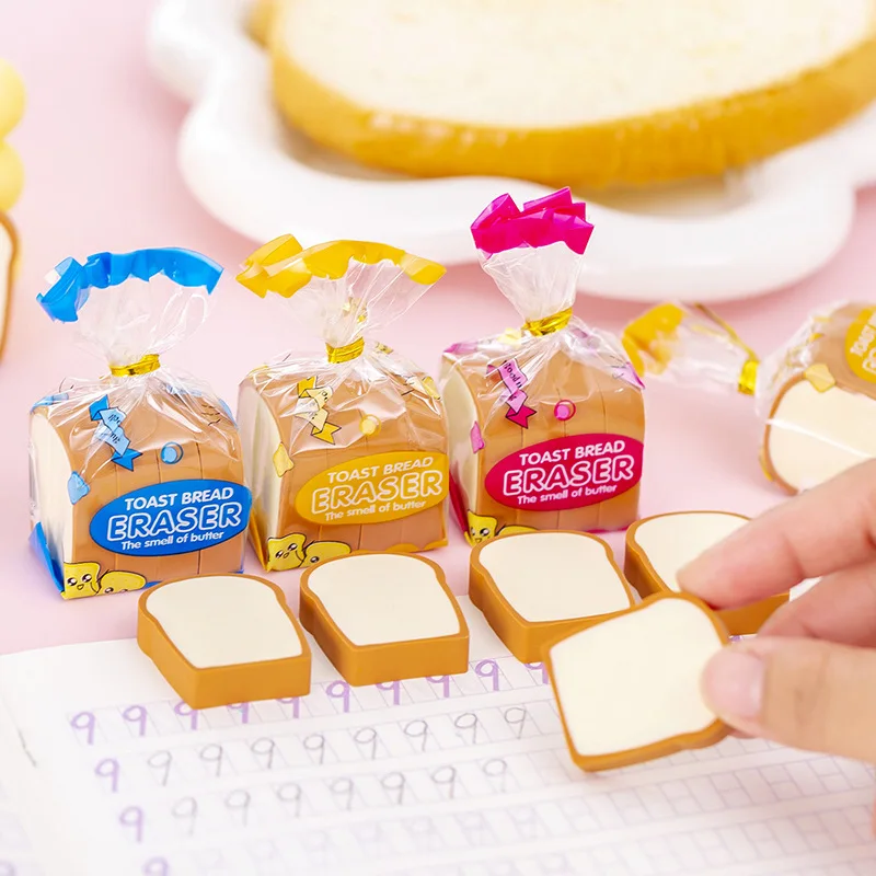 4 Pcs Erasers Creative Cute Toast Pencil Eraser Bread Student Creative Stationery Soft Christmas Gift Wipe Clean Milk Perfume