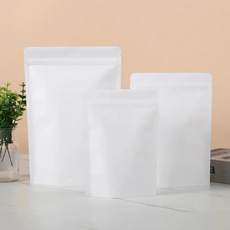 

Thick Heat Sealable Stand Up Kraft Package Bags Food Coffee Snack Aluminum Foil Inner White Kraft Paper Zip Lock Bags 100pcs