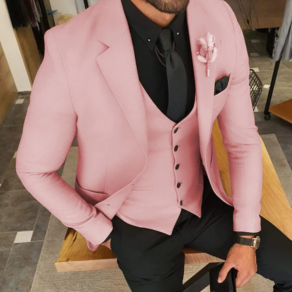 

Pink Fashion Costume Business Men Suits Wedding Groom Tuxedo Slim Fit Terno Masculino Prom Party Blazer 3 Pcs Jacket+Pant+Vest