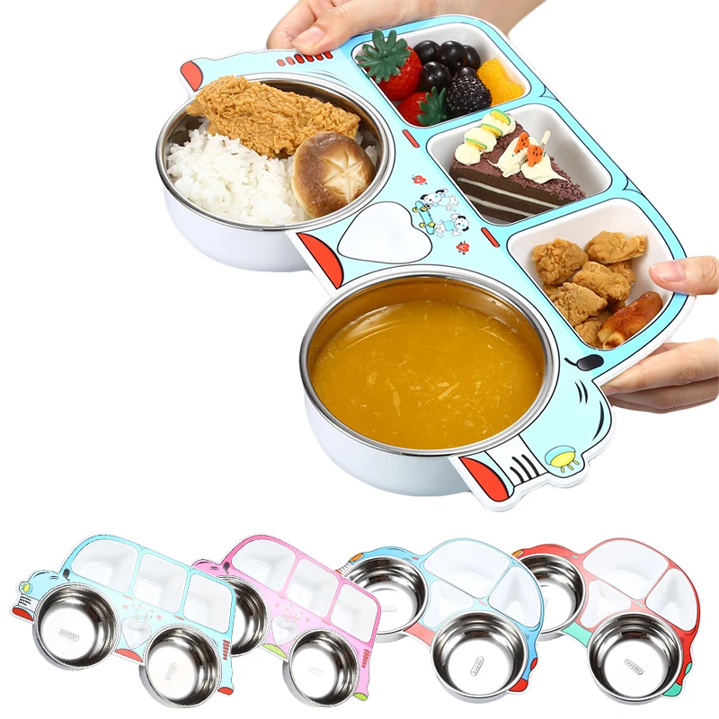 Stainless Steel Baby Feeding Bowl Children Tableware Set Cute Cartoon Car Shape Eating Training Dishes Plate with Spoon Fork