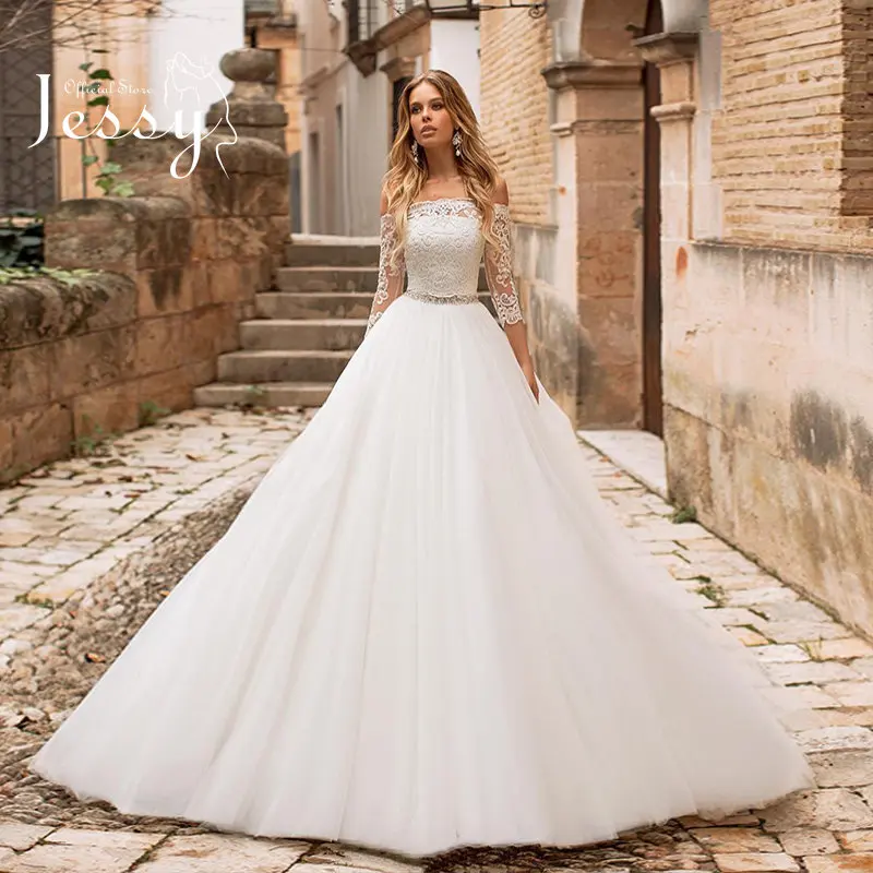 

Luxury Vintage Wedding Dress Organza With Embroidery Ball Gown Corset Boat Neck Full Sleeve Bridal Back Buttonvestido De Novia