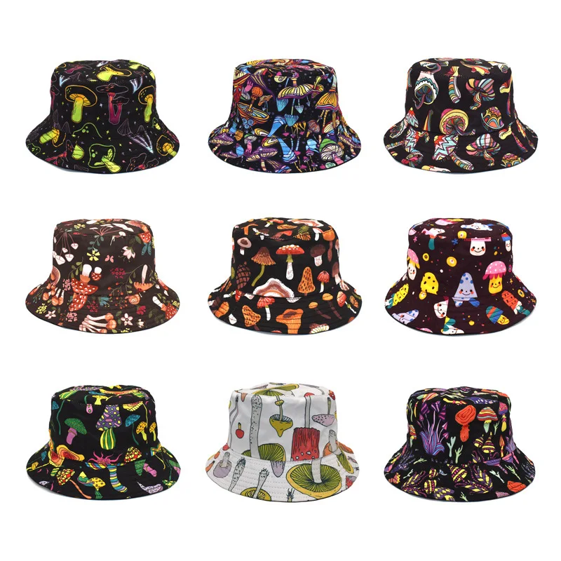 

Double-sided Colorful Mushroom Printing Fisherman Hat Men Women Outdoor Leisure Sunshade Bucket Cap Cartoon Foldable Bob Gorras