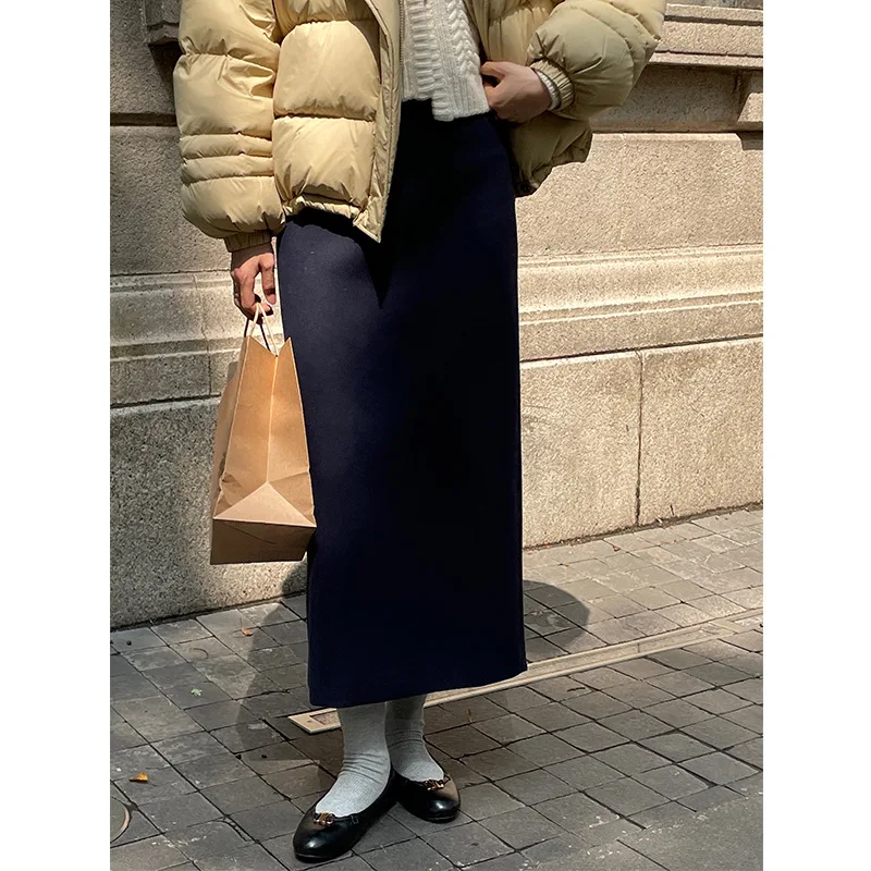 New for winter, casual high-waisted mid-length tweed straight skirt women