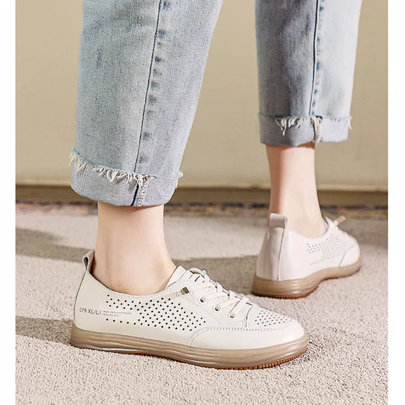 Women's Shoes Platform Sneakers Flat 2023 New Head Layer Cowhide Openwork Ventilable Hole Shoes Small White Shoes Loafers