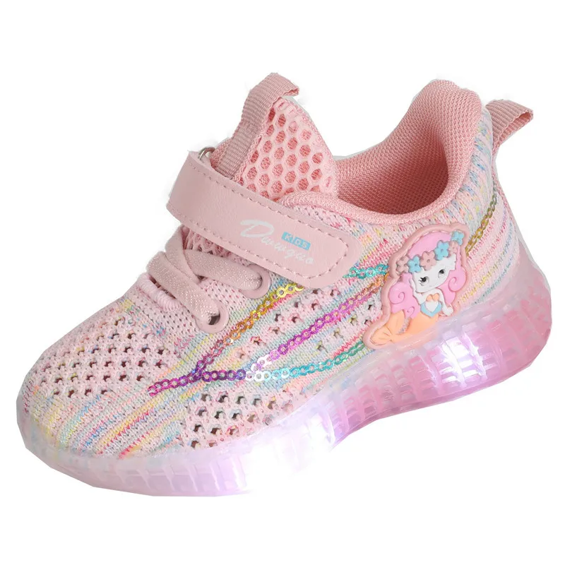 

Disney cartoon flying woven girls sneakers led luminous shoes autumn new elsa princess breathable children's net shoes flashing