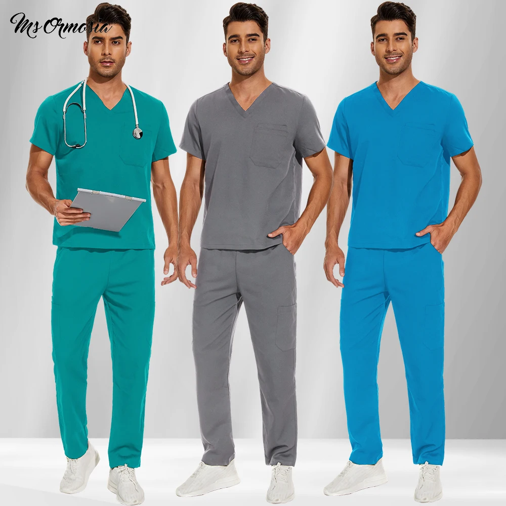 

Men Women Nursing Uniform Solid Color Short Sleeve Scrub Tops Oversized Pants Hospital Workers Uniform Healthcare Clinic Clothes
