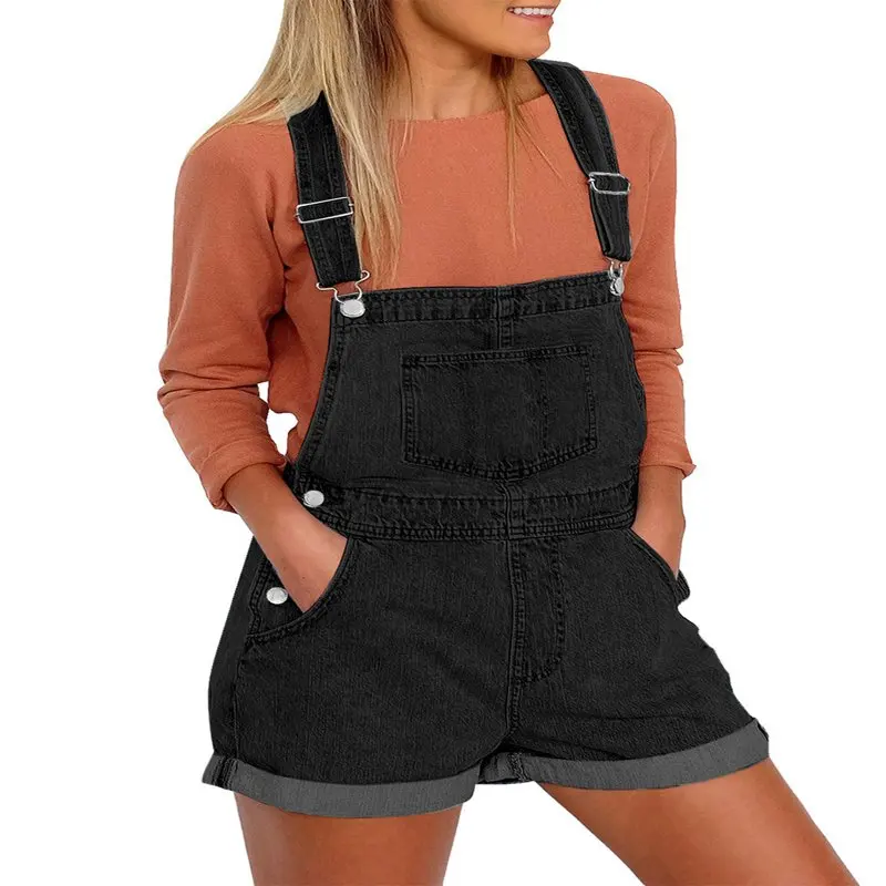 

HMCN Women`s Stretchy Denim Bib Overalls Shorts Rolled Hem Jeans Shortalls Black Size XL