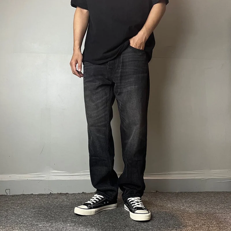 

2023 осень и зима тяжелые американские ретро свободные прямые джинсы мужские серые черные толстые потертые повседневные брюки-карго Популярные
