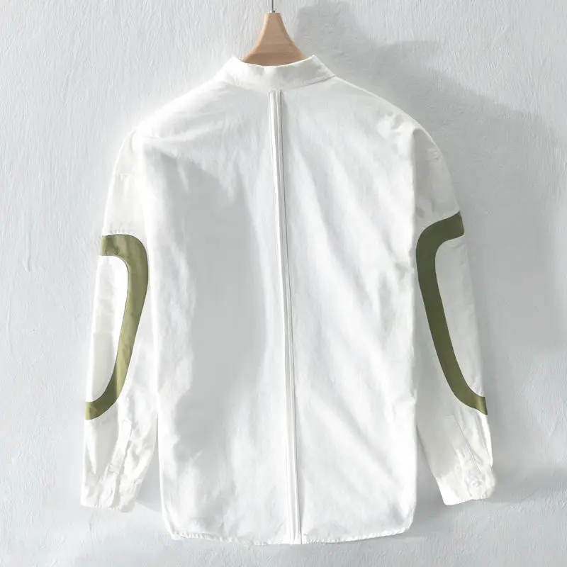 White Shirt Men Casual Long Sleeve Turndown Collar Patchwork 100% Cotton Trend Personalized Embroidery Handsome Camisa Masculina