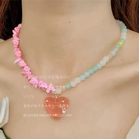 new pink stone beaded necklace sweet and cute girl style collarbone chain all match heart pendant necklaces