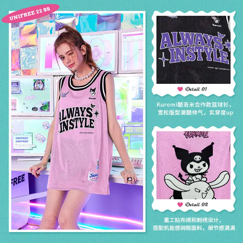 

Kawaii Sanriod Anime Kuromi Joint Unifree Sports Vest with Printed Sleeveless Loose Hip-Hop Street Basketball Clothes T-Shirt