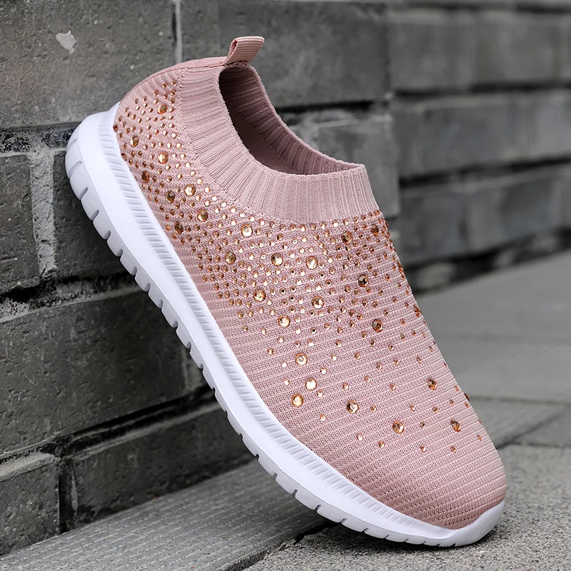 2022 Vulcanized Shoes Sneakers Women Trainers Knitted Sneakers Ladies Slip-on Sock Shoes Sparkly Crystal Zapatillas Mujer Casual