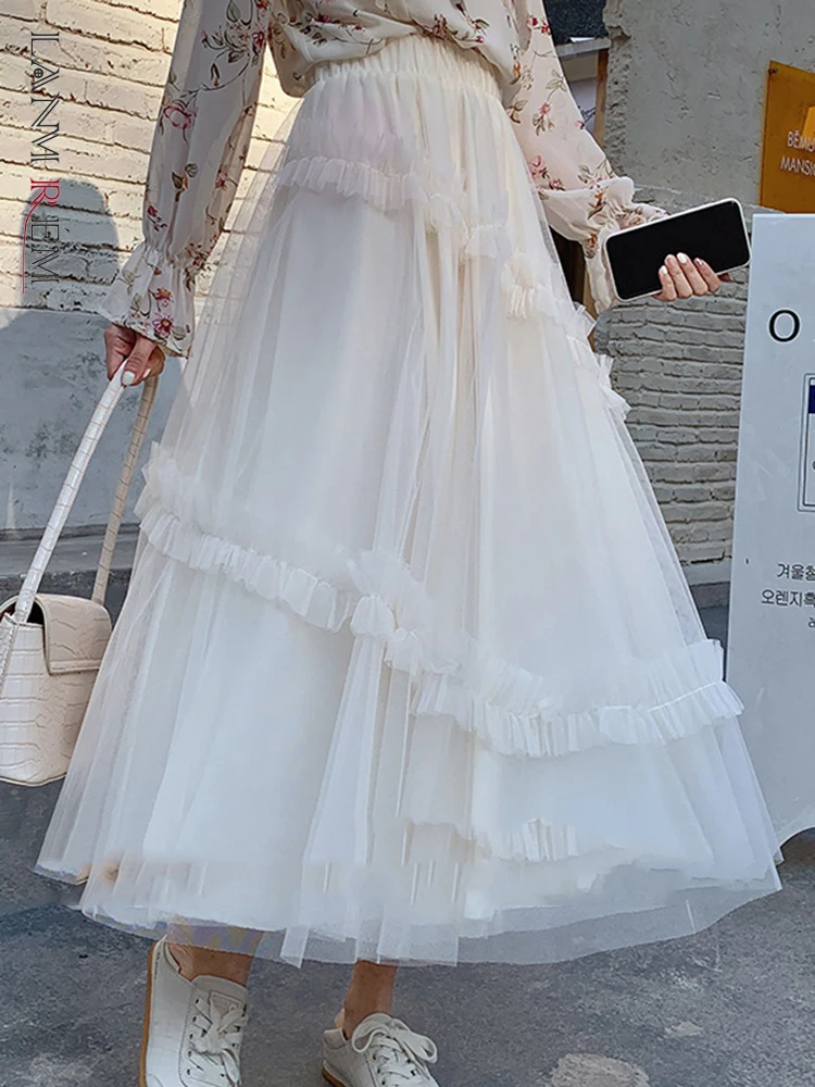 

LANMREM Irregular Spliced Mesh Fungus Skirt For Women High Waist Fashion Casual Loose Skirts 2023 New Spring Clothing 2Q1110