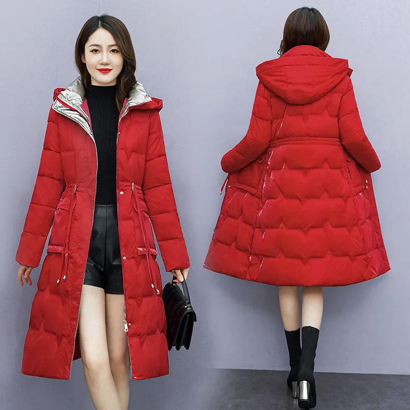 GRELLER 2022 New Fashion Warm Winter Jacket Women Clothes Long Hooded Parkas Drawstring Bright Down Cotton Padded Jacket Coat