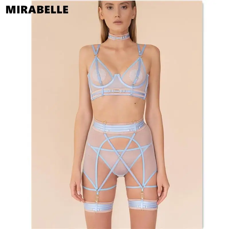 

MIRABELLE Luxury Sexy Lingerie Set Woman 4 Pieces Lace Underwear Thongs Garters See Through Bra Transparent Hot Porn Erotic Sets